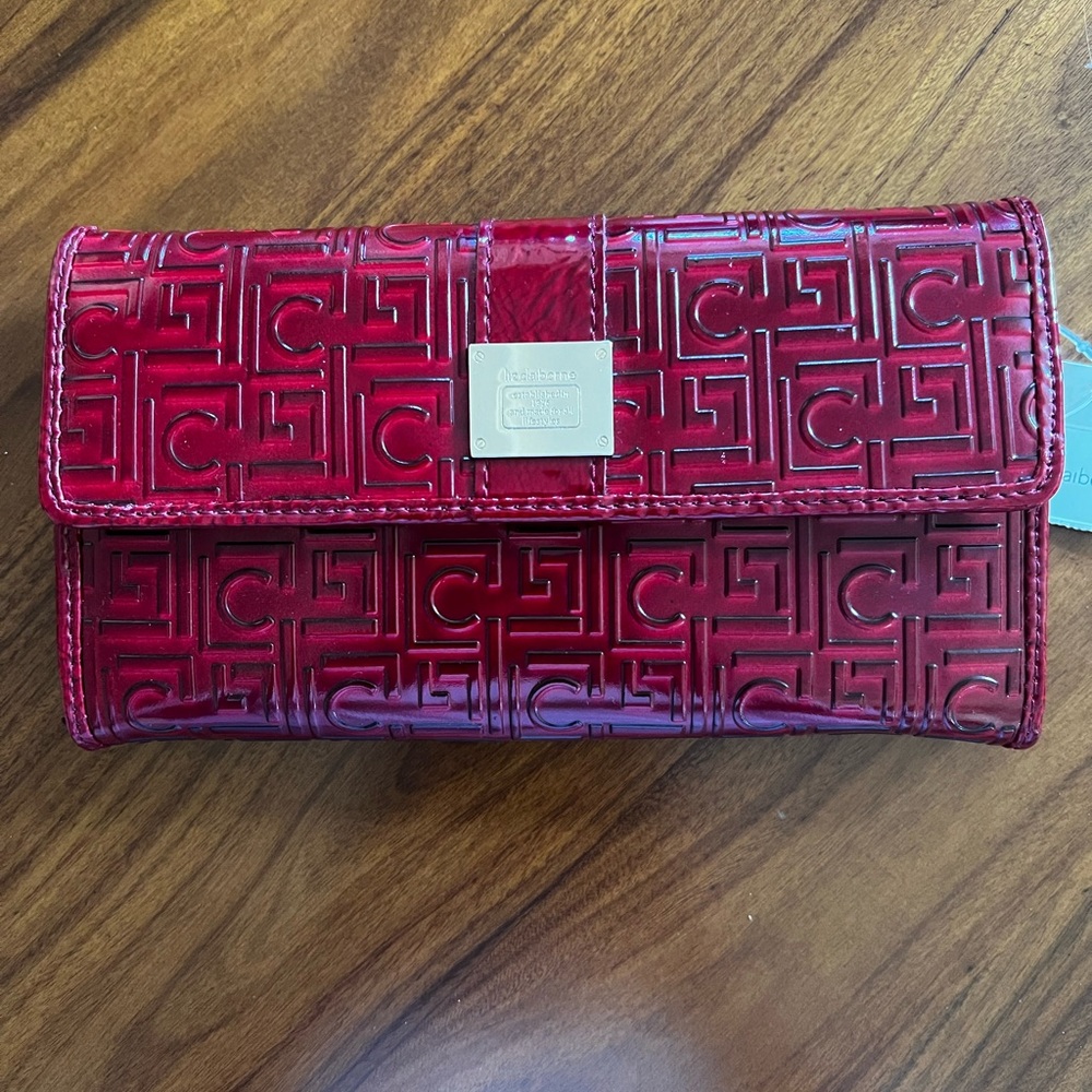 Patent Burgundy Embossed Monogram Checkbook Organizer Fold-over Wallet/Clutch